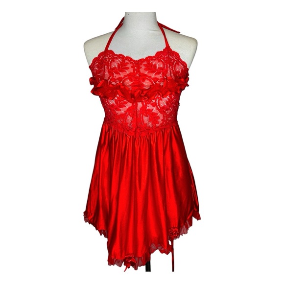Vintage Red Lace & Satin Babydoll Slip Dress LingerieVamp Glamour Valentines